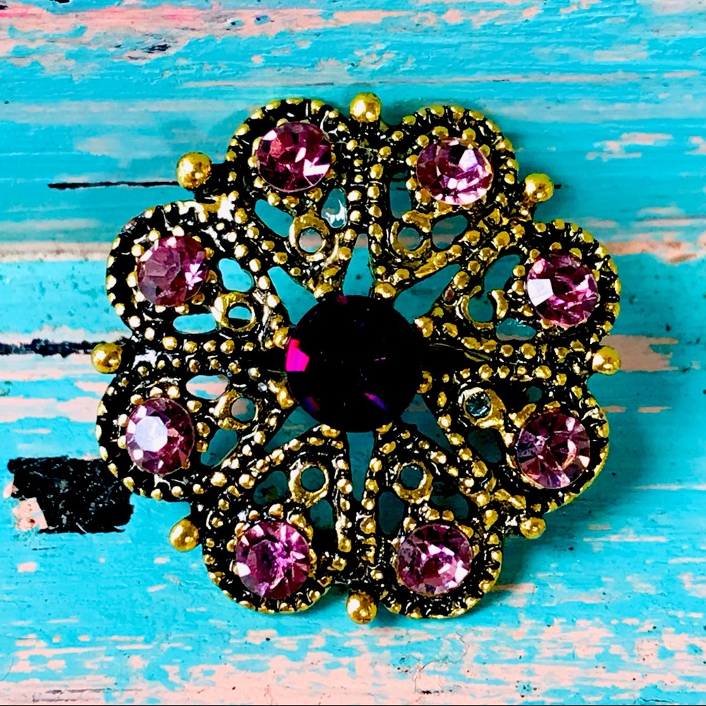 Vintage Inspired Gramacore Style Purple & Gold-Tone Crystal Brooch Pin
